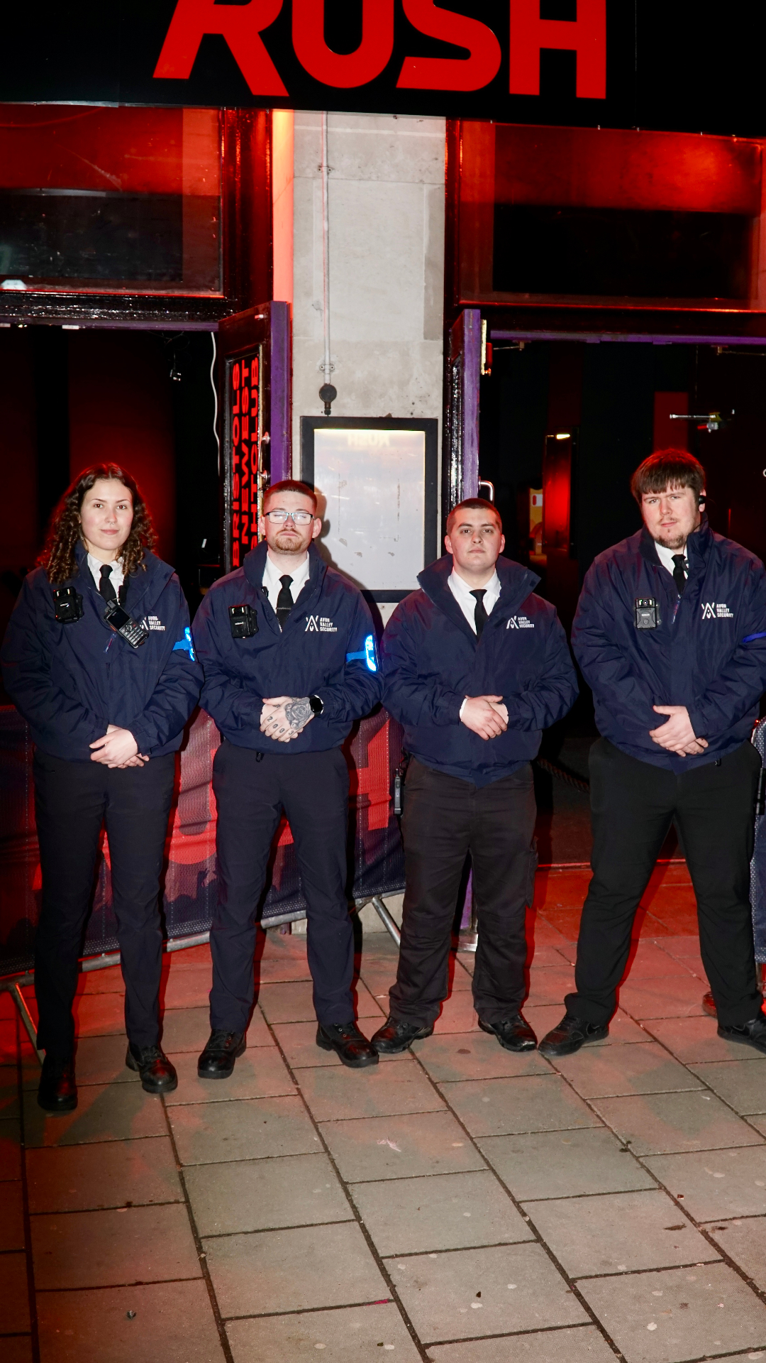 SIA-licensed door team on duty at the front doors of Rush nightclub, Bristol