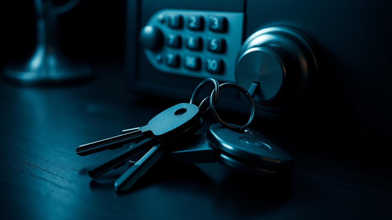 Steel key safe and keys on a desk